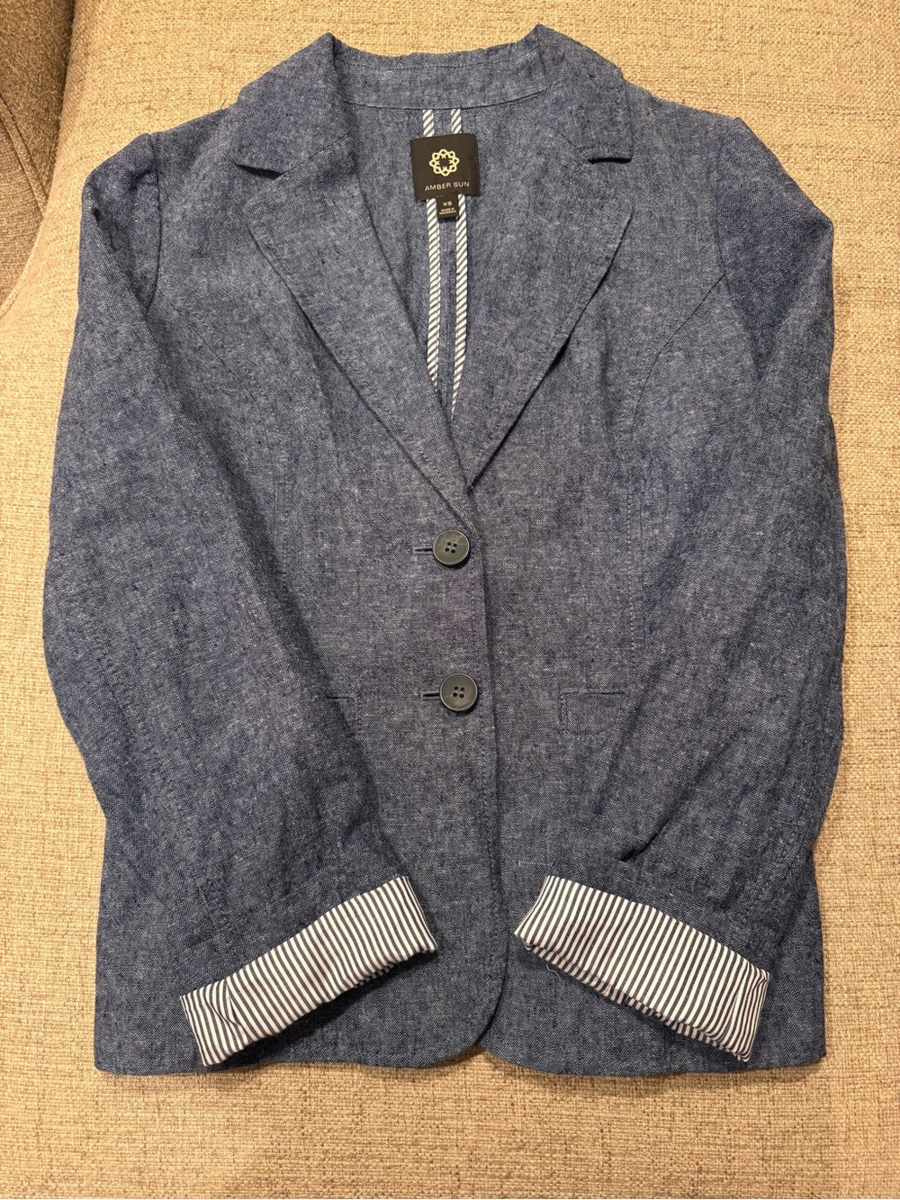 AMBER SUN Linen Blend Chambray Blazer Blue Striped Cuff Accent Size XS